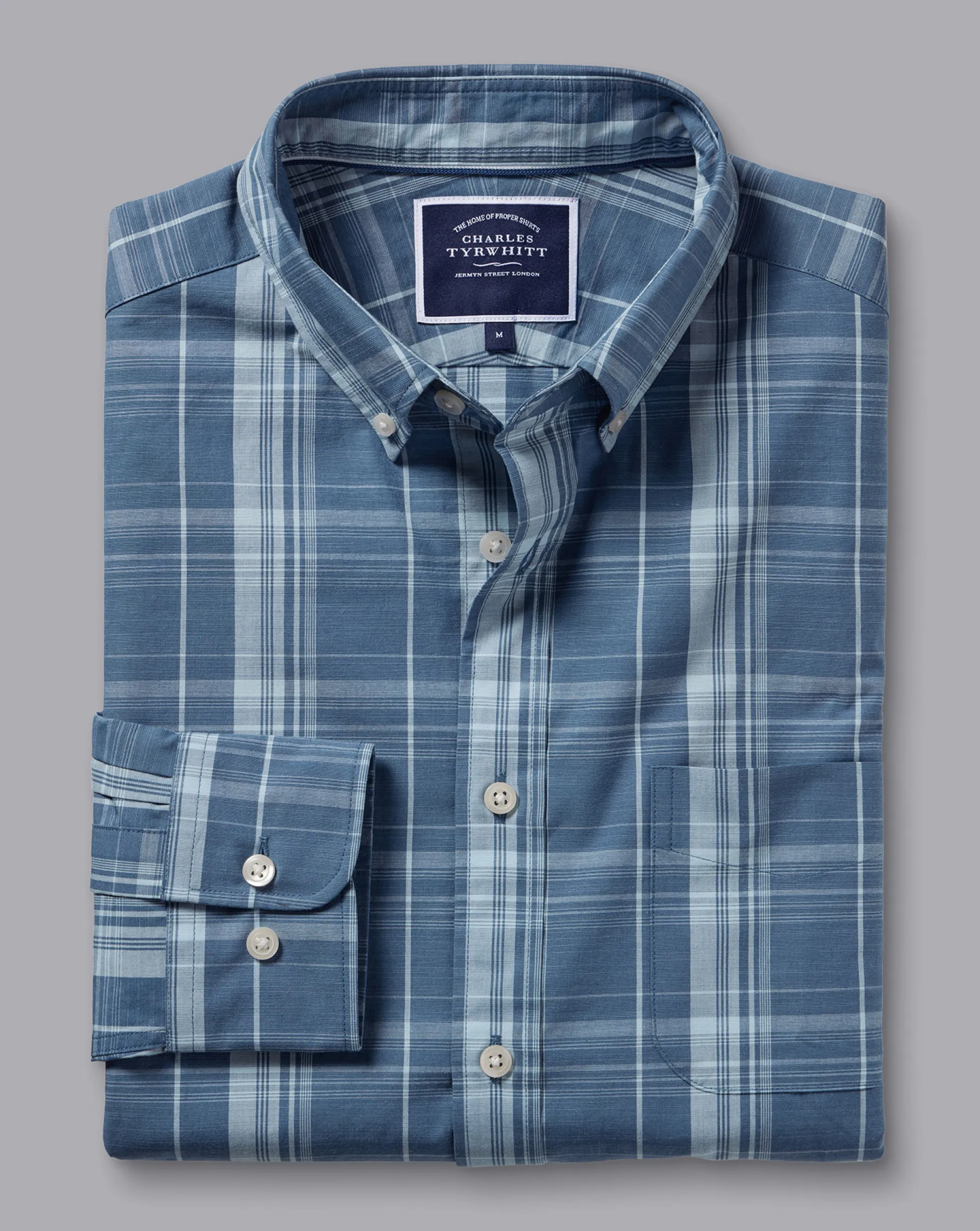 Fashion Charles Tyrwhitt Button-Down Collar Non-Iron Stretch Poplin Slub Check Shirt - Steel Blue