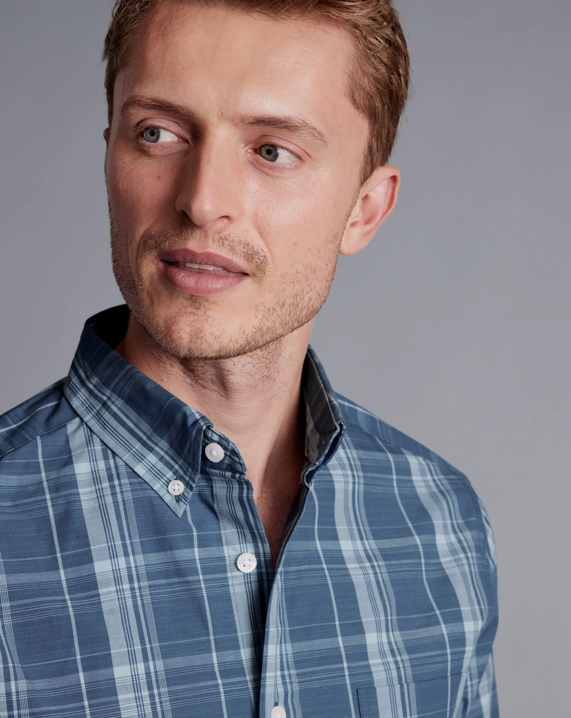 Fashion Charles Tyrwhitt Button-Down Collar Non-Iron Stretch Poplin Slub Check Shirt - Steel Blue