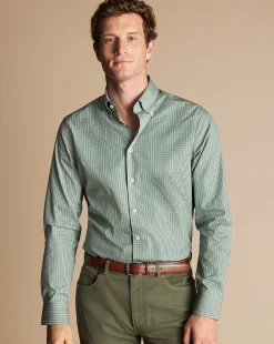 Clearance Charles Tyrwhitt Button-Down Collar Non-Iron Check Oxford Shirt - Green