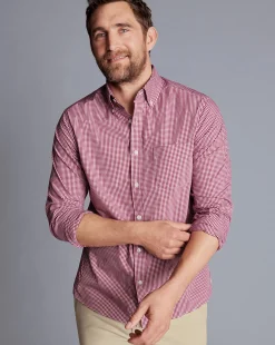 New Charles Tyrwhitt Button-Down Collar Non-Iron Stretch Poplin Mini Gingham Shirt - Pink Raspberry