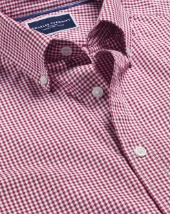 New Charles Tyrwhitt Button-Down Collar Non-Iron Stretch Poplin Mini Gingham Shirt - Pink Raspberry