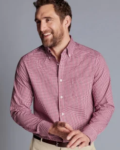 New Charles Tyrwhitt Button-Down Collar Non-Iron Stretch Poplin Mini Gingham Shirt - Pink Raspberry