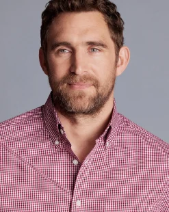 New Charles Tyrwhitt Button-Down Collar Non-Iron Stretch Poplin Mini Gingham Shirt - Pink Raspberry
