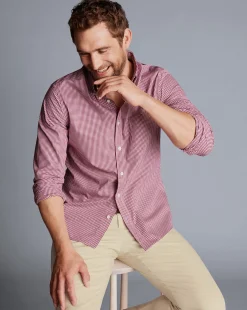 New Charles Tyrwhitt Button-Down Collar Non-Iron Stretch Poplin Mini Gingham Shirt - Pink Raspberry