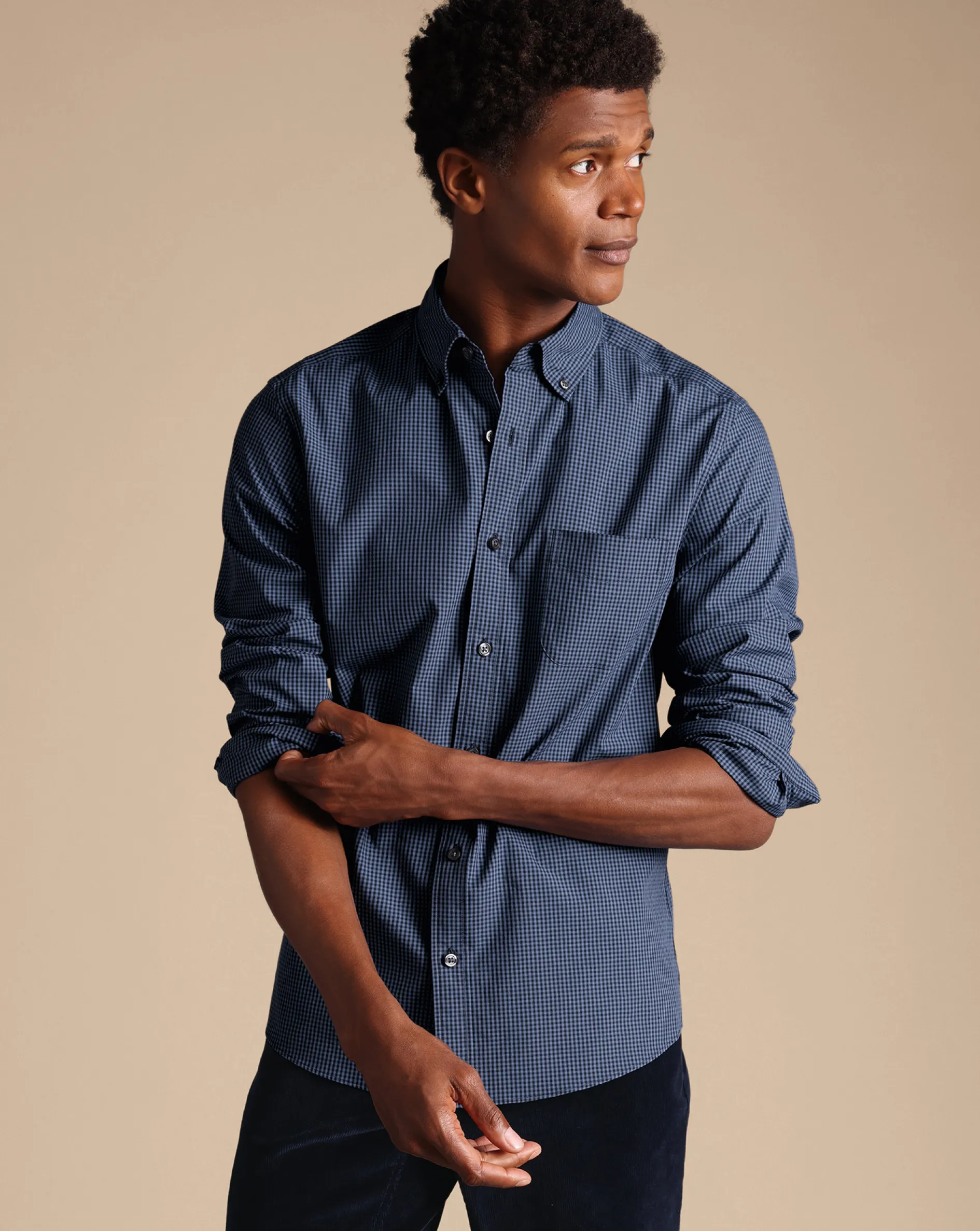 Store Charles Tyrwhitt Button-Down Collar Non-Iron Stretch Poplin Mini Gingham Shirt - Blue Indigo