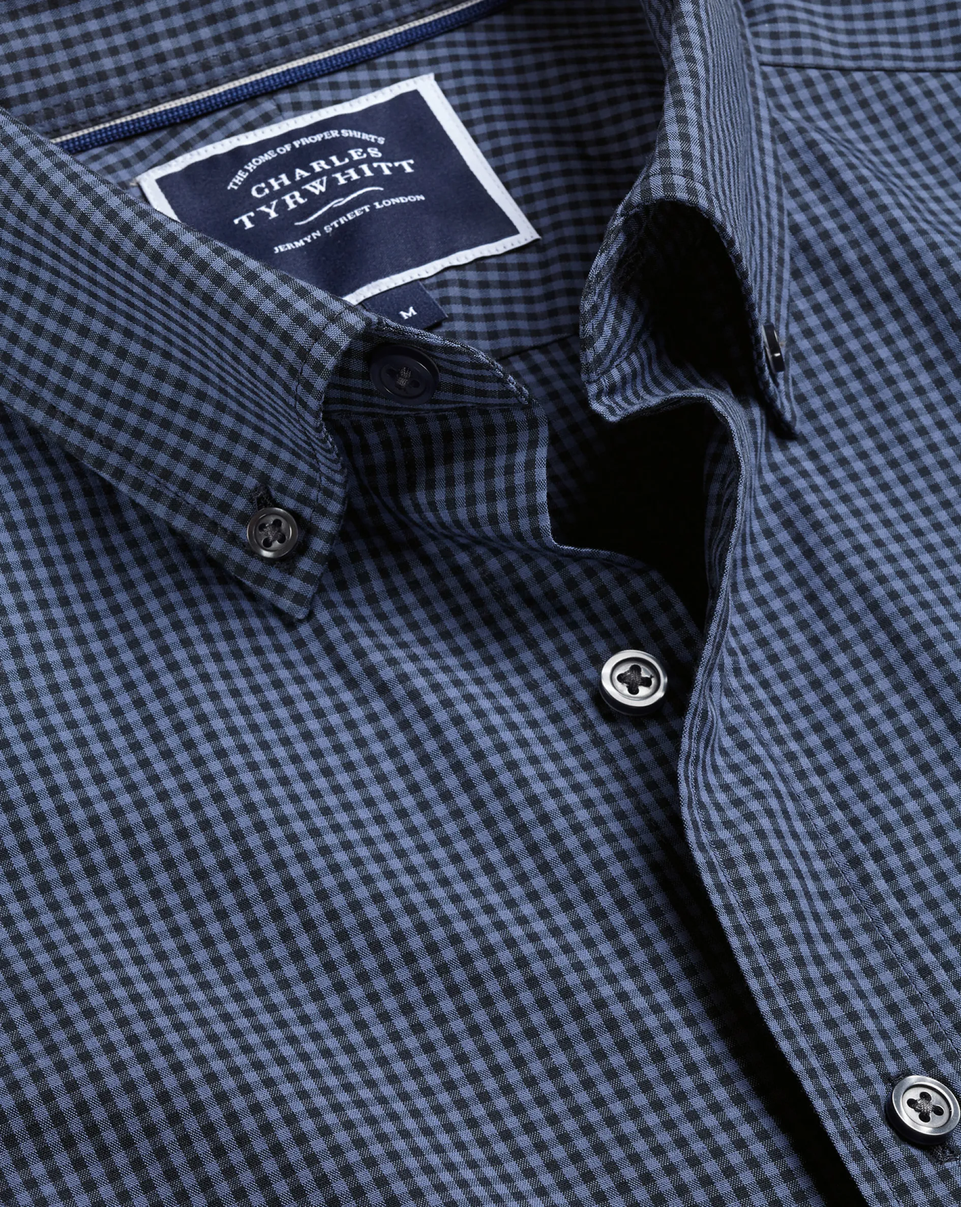 Store Charles Tyrwhitt Button-Down Collar Non-Iron Stretch Poplin Mini Gingham Shirt - Blue Indigo