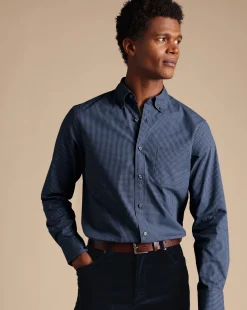 Store Charles Tyrwhitt Button-Down Collar Non-Iron Stretch Poplin Mini Gingham Shirt - Blue Indigo