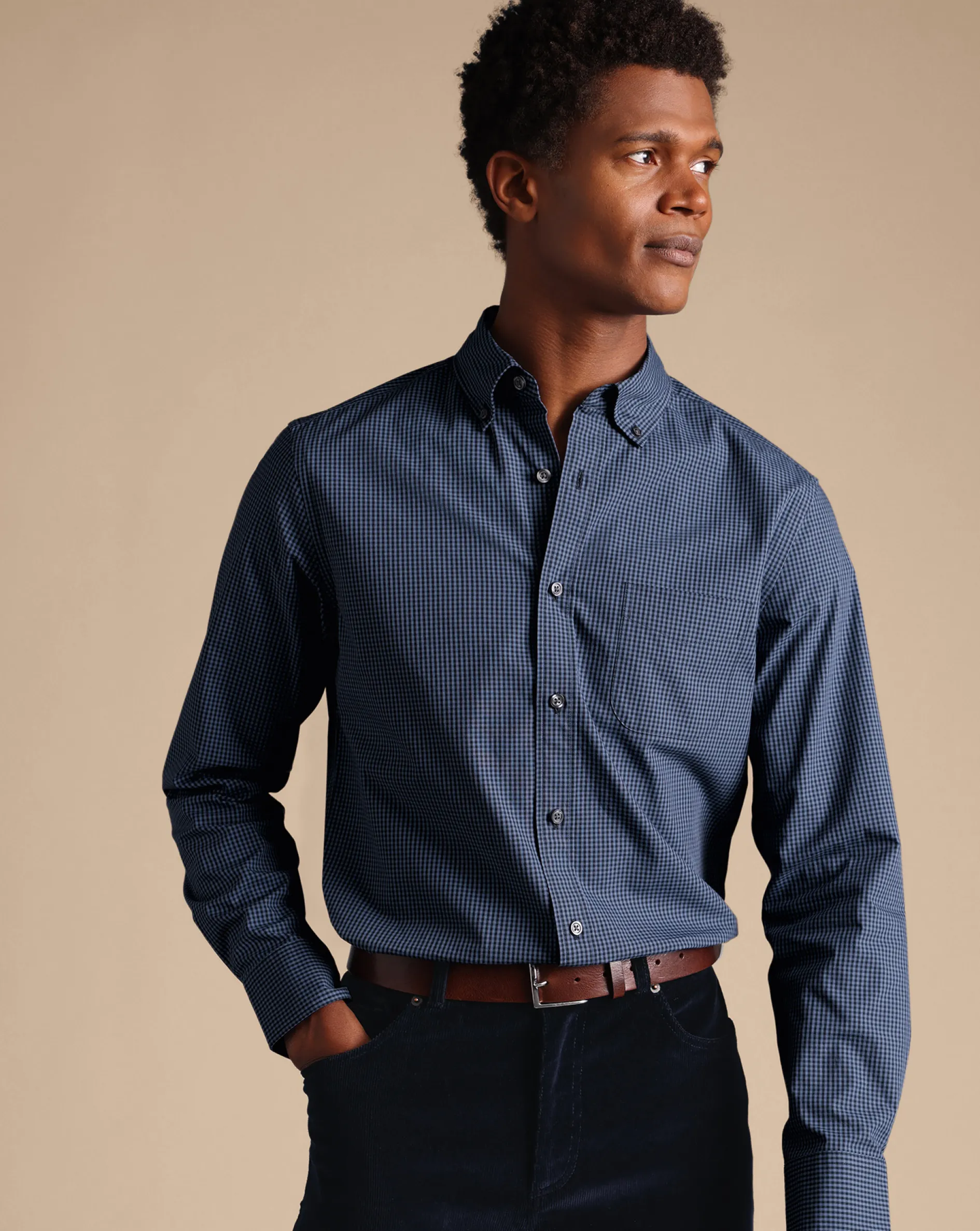 Store Charles Tyrwhitt Button-Down Collar Non-Iron Stretch Poplin Mini Gingham Shirt - Blue Indigo