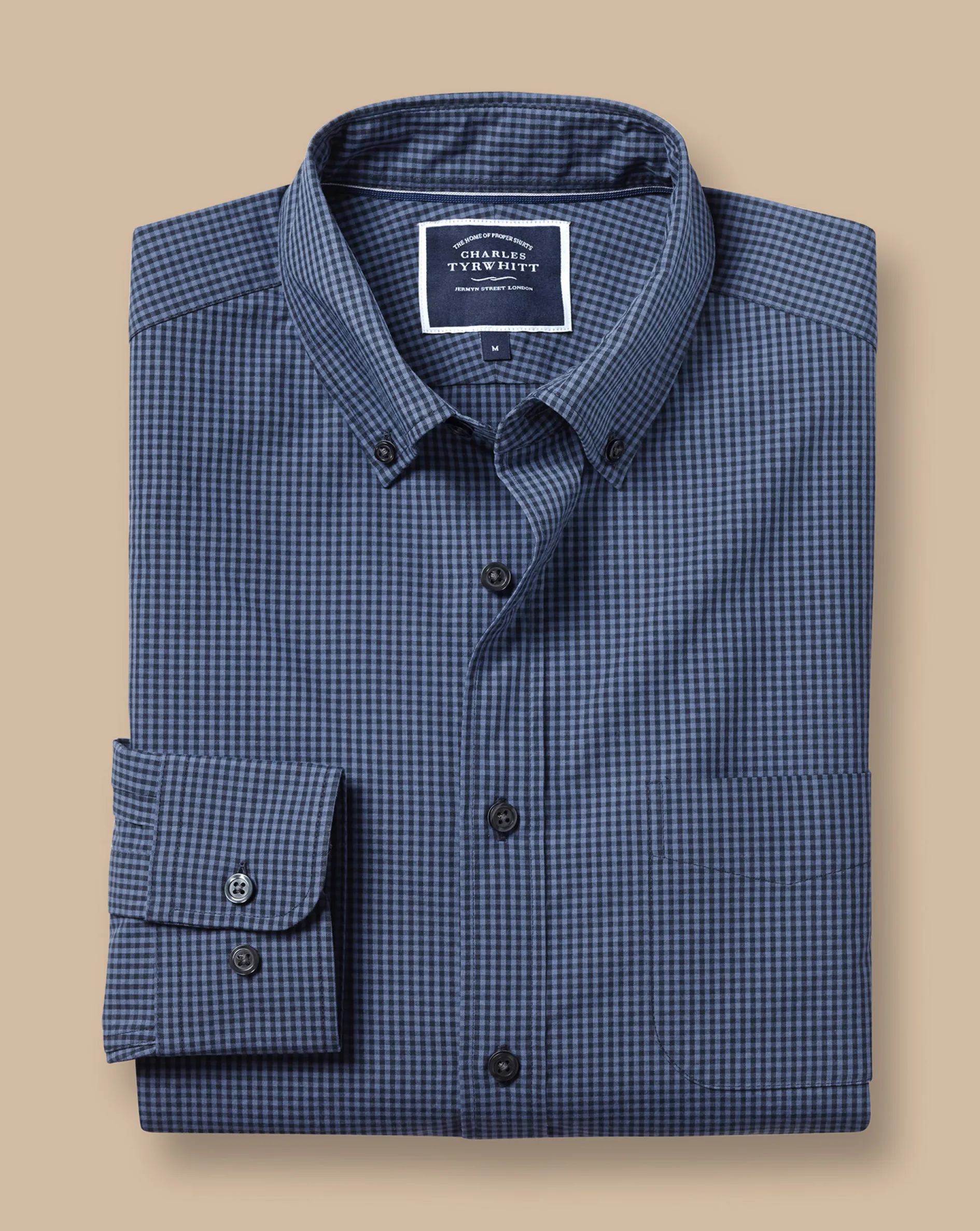 Store Charles Tyrwhitt Button-Down Collar Non-Iron Stretch Poplin Mini Gingham Shirt - Blue Indigo