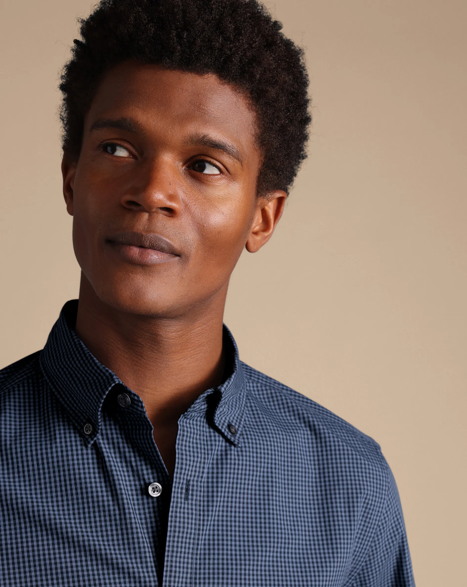 Store Charles Tyrwhitt Button-Down Collar Non-Iron Stretch Poplin Mini Gingham Shirt - Blue Indigo