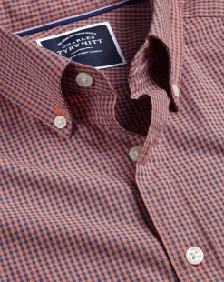 Shop Charles Tyrwhitt Button-Down Collar Non-Iron Stretch Poplin Mini Gingham Shirt - Light Coral Pink