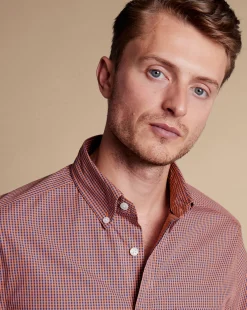Shop Charles Tyrwhitt Button-Down Collar Non-Iron Stretch Poplin Mini Gingham Shirt - Light Coral Pink