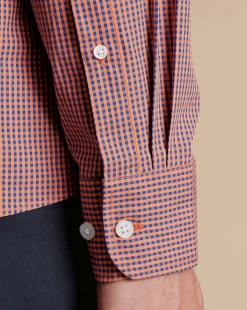 Shop Charles Tyrwhitt Button-Down Collar Non-Iron Stretch Poplin Mini Gingham Shirt - Light Coral Pink