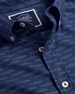Outlet Charles Tyrwhitt Button-Down Collar Non-Iron Stretch Poplin Fish Print Short Sleeve Shirt - Navy