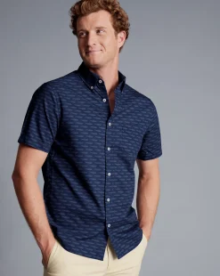 Outlet Charles Tyrwhitt Button-Down Collar Non-Iron Stretch Poplin Fish Print Short Sleeve Shirt - Navy