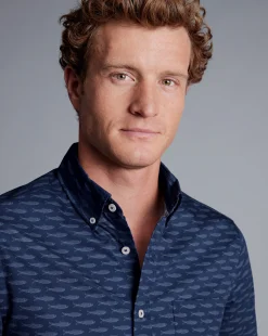Outlet Charles Tyrwhitt Button-Down Collar Non-Iron Stretch Poplin Fish Print Short Sleeve Shirt - Navy