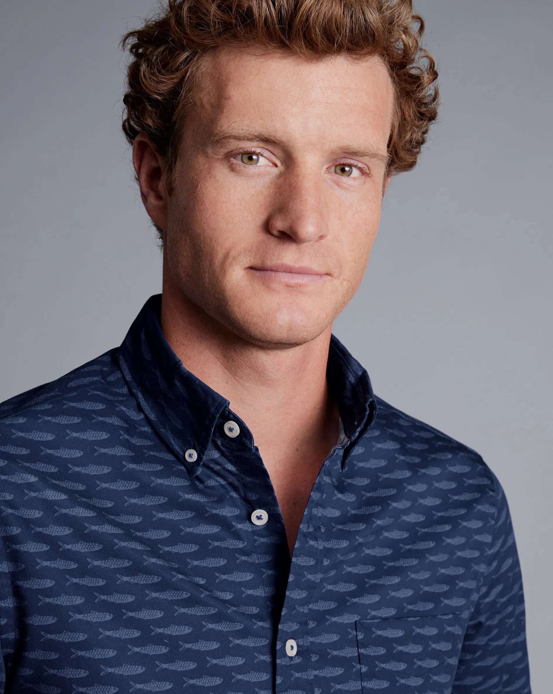 Outlet Charles Tyrwhitt Button-Down Collar Non-Iron Stretch Poplin Fish Print Short Sleeve Shirt - Navy