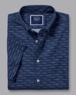 Outlet Charles Tyrwhitt Button-Down Collar Non-Iron Stretch Poplin Fish Print Short Sleeve Shirt - Navy