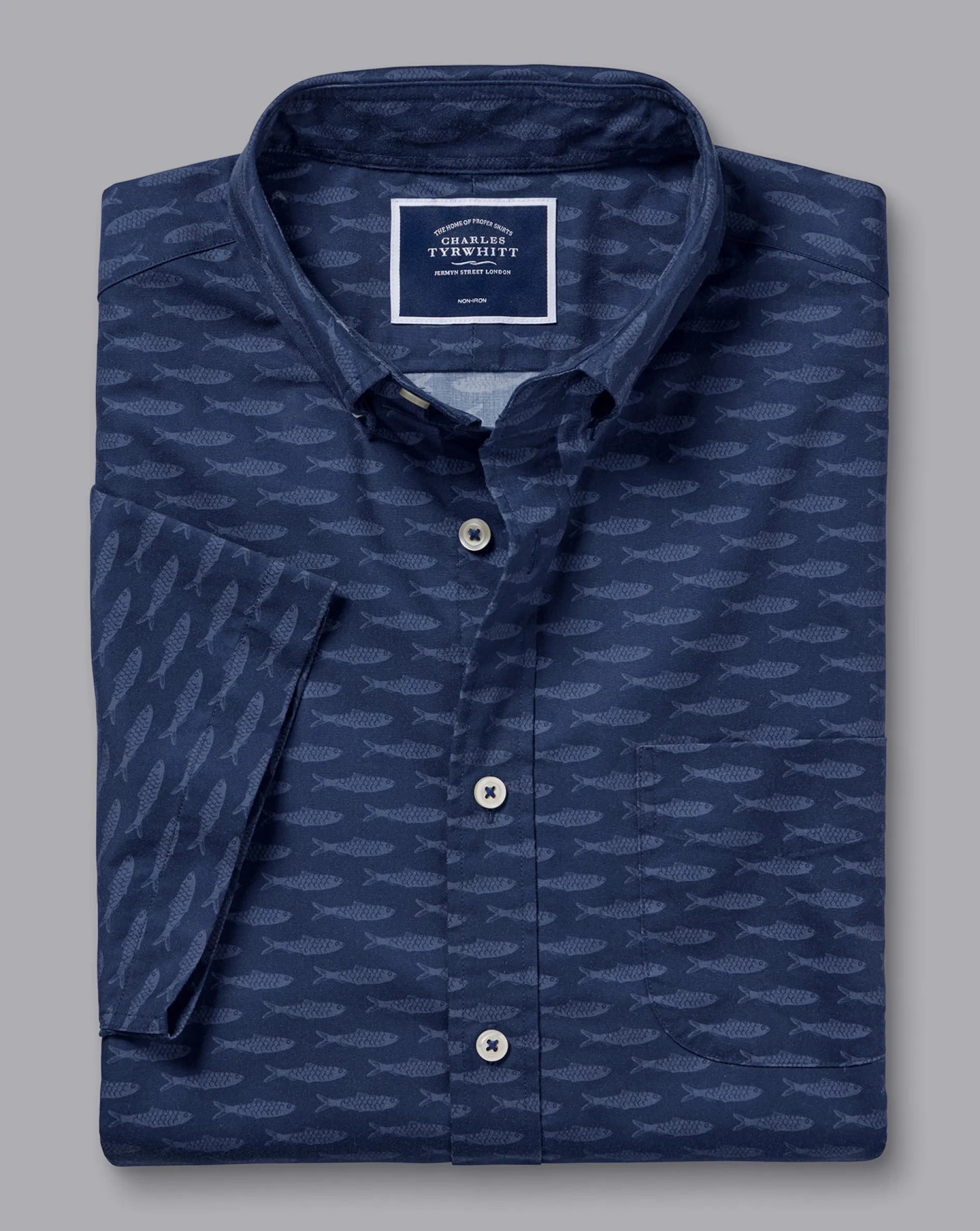 Outlet Charles Tyrwhitt Button-Down Collar Non-Iron Stretch Poplin Fish Print Short Sleeve Shirt - Navy