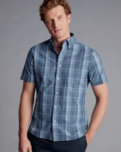 Best Sale Charles Tyrwhitt Button-Down Collar Non-Iron Stretch Poplin Slub Multi Check Short Sleeve Shirt - Steel Blue