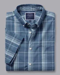Best Sale Charles Tyrwhitt Button-Down Collar Non-Iron Stretch Poplin Slub Multi Check Short Sleeve Shirt - Steel Blue