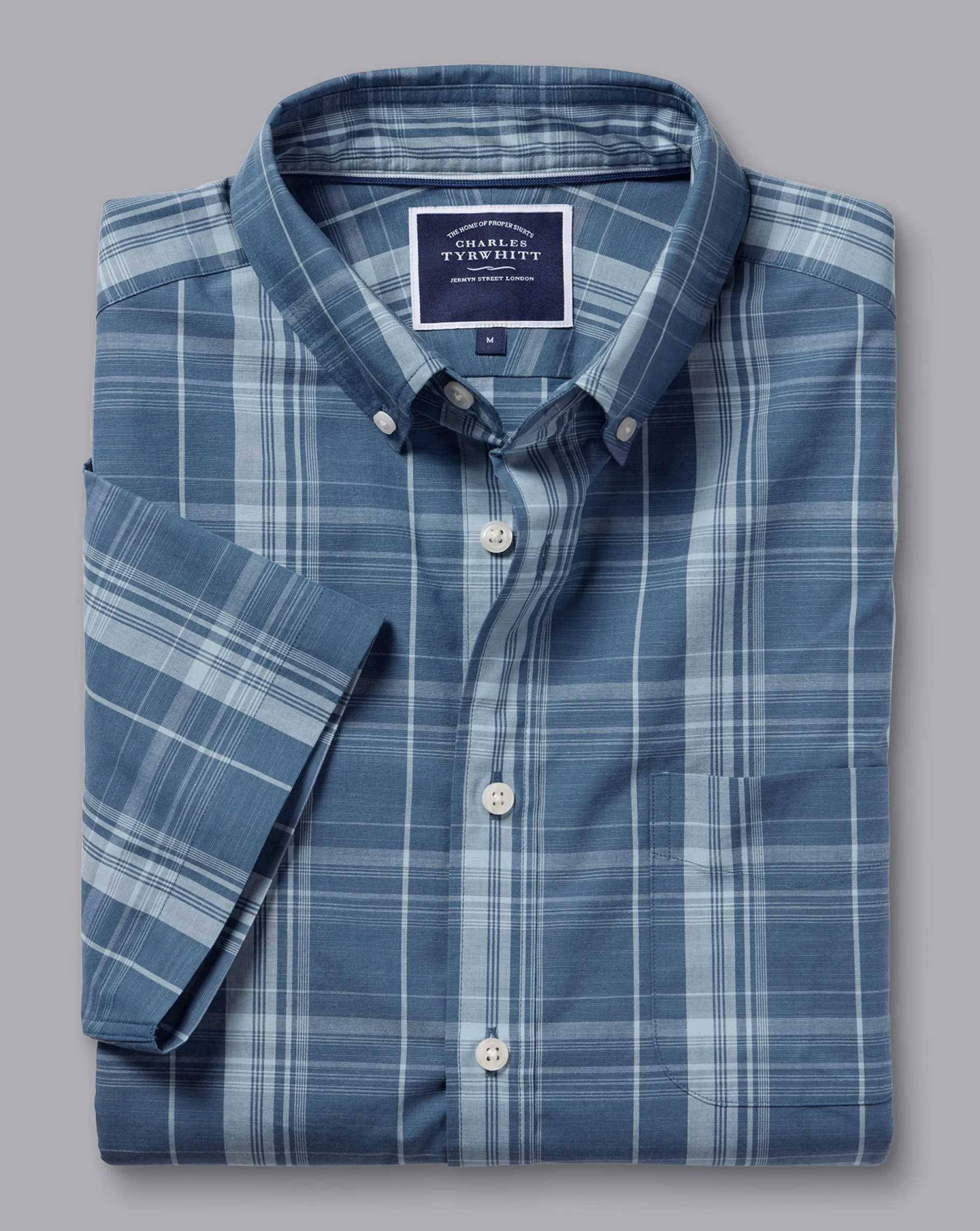 Best Sale Charles Tyrwhitt Button-Down Collar Non-Iron Stretch Poplin Slub Multi Check Short Sleeve Shirt - Steel Blue
