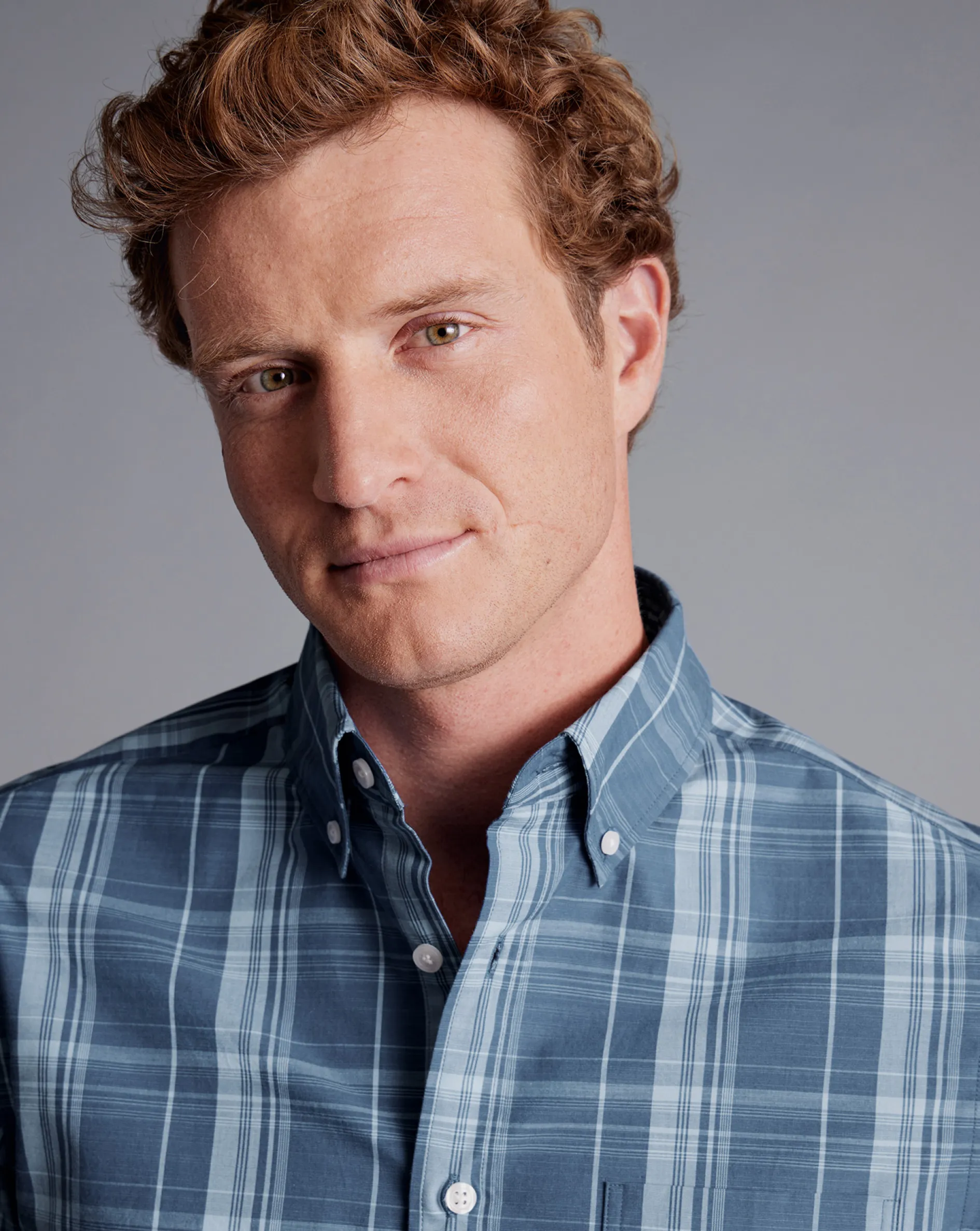 Best Sale Charles Tyrwhitt Button-Down Collar Non-Iron Stretch Poplin Slub Multi Check Short Sleeve Shirt - Steel Blue