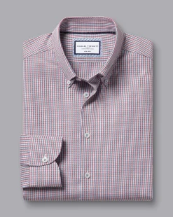 New Charles Tyrwhitt Button-Down Collar Non-Iron Gingham Check Shirt - Red