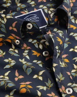 Discount Charles Tyrwhitt Button-Down Collar Non-Iron Stretch Poplin Multi Leaf Print Short Sleeve Shirt - Navy