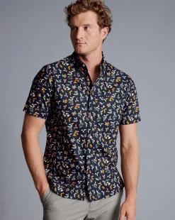Discount Charles Tyrwhitt Button-Down Collar Non-Iron Stretch Poplin Multi Leaf Print Short Sleeve Shirt - Navy