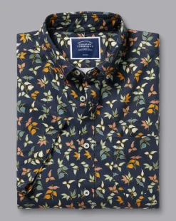 Discount Charles Tyrwhitt Button-Down Collar Non-Iron Stretch Poplin Multi Leaf Print Short Sleeve Shirt - Navy