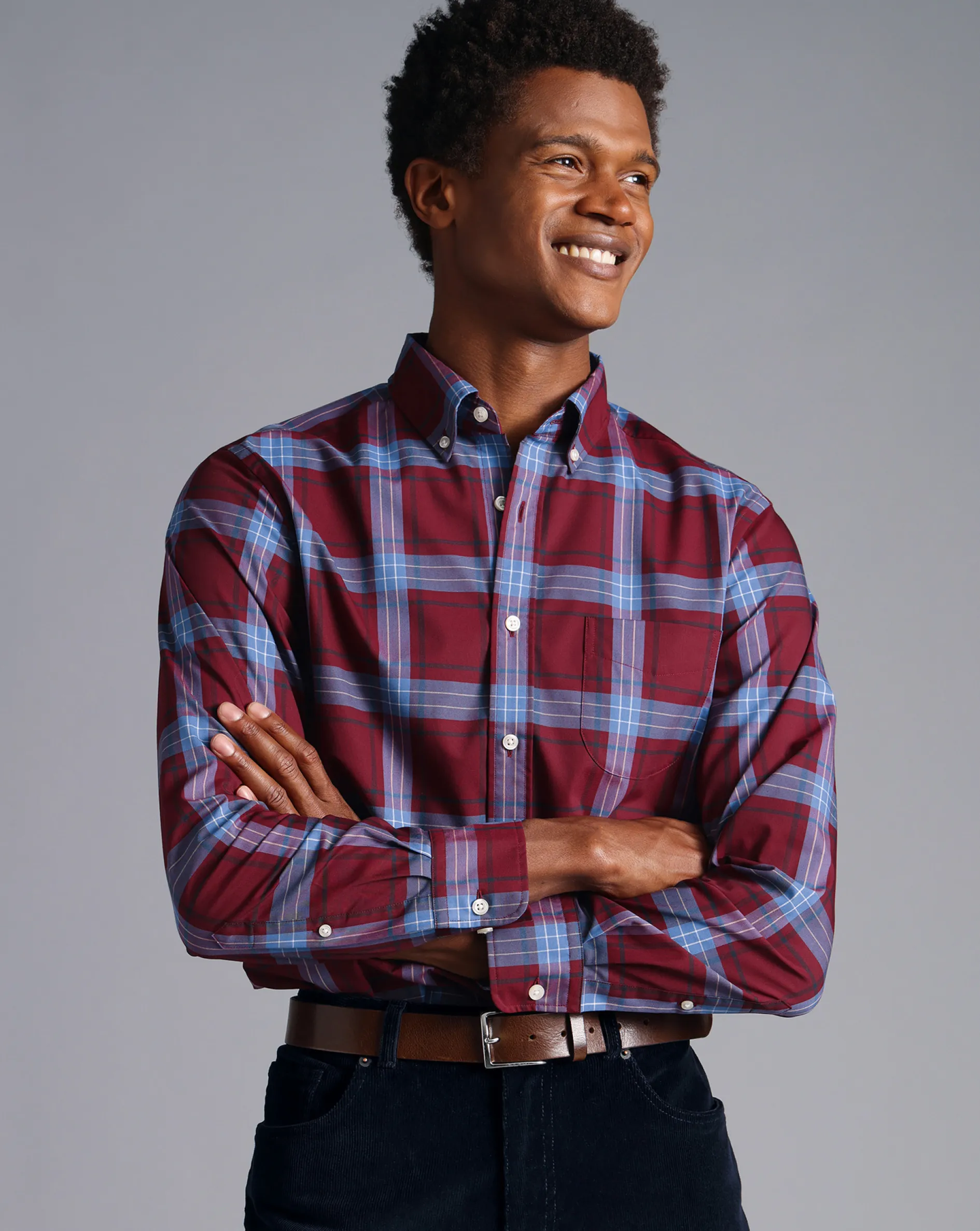 Hot Charles Tyrwhitt Button-Down Collar Non-Iron Stretch Poplin Large Check Shirt - Red