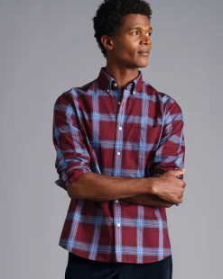 Hot Charles Tyrwhitt Button-Down Collar Non-Iron Stretch Poplin Large Check Shirt - Red