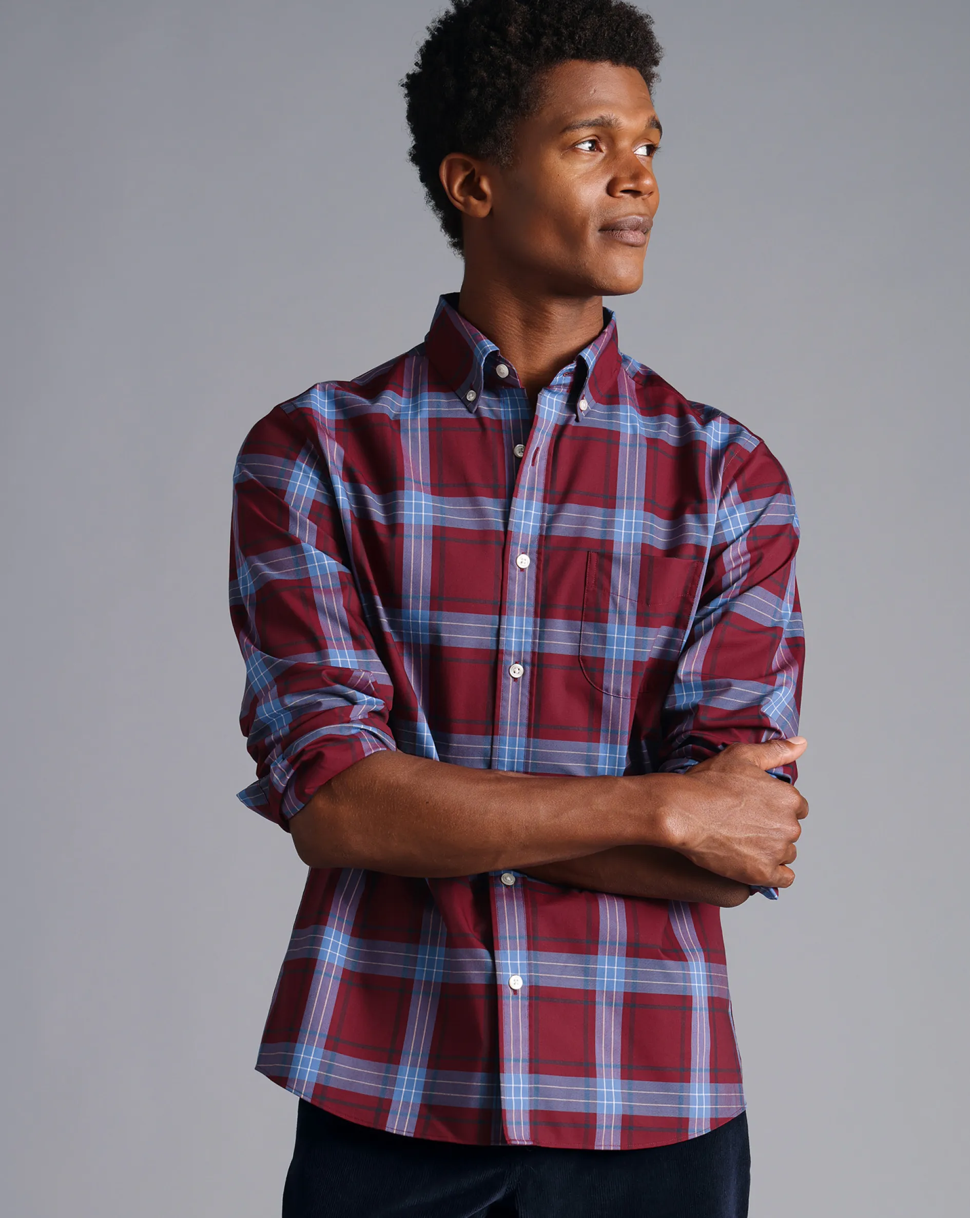 Hot Charles Tyrwhitt Button-Down Collar Non-Iron Stretch Poplin Large Check Shirt - Red
