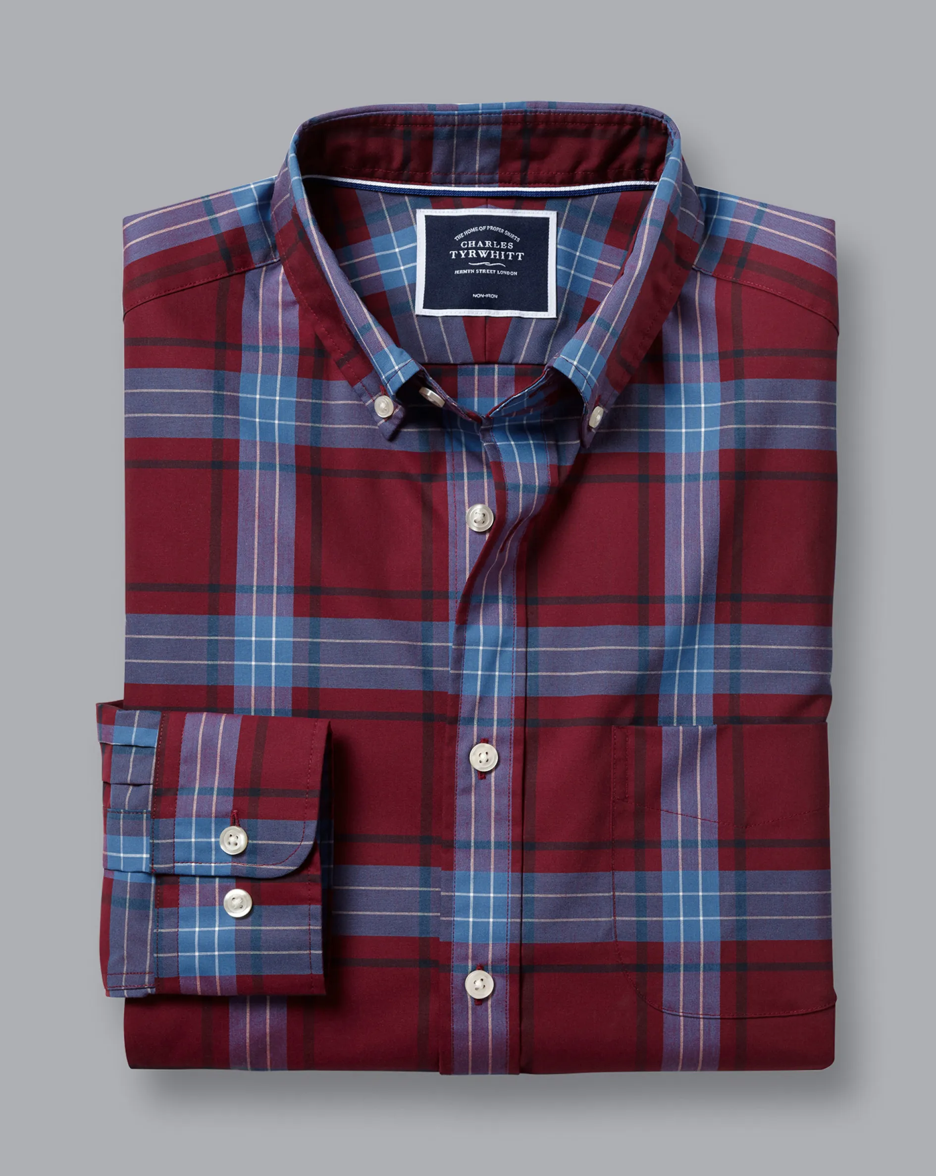 Hot Charles Tyrwhitt Button-Down Collar Non-Iron Stretch Poplin Large Check Shirt - Red