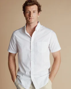 Flash Sale Charles Tyrwhitt Button-Down Collar Spot Print Short Sleeve Shirt - White & Blue Sky