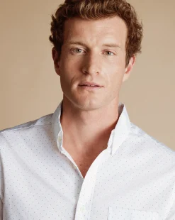 Flash Sale Charles Tyrwhitt Button-Down Collar Spot Print Short Sleeve Shirt - White & Blue Sky