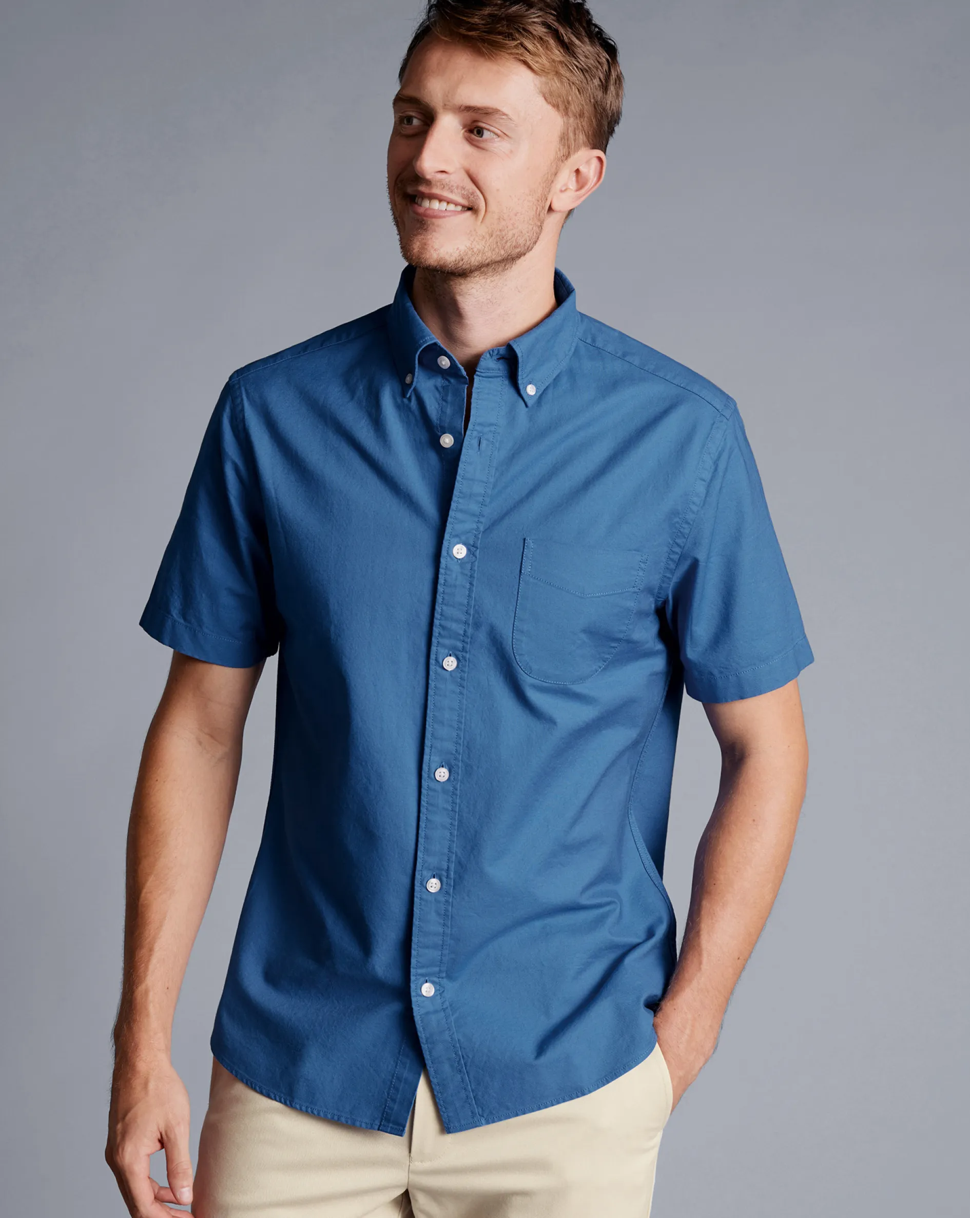 Online Charles Tyrwhitt Button-Down Collar Washed Oxford Short Sleeve Shirt - Ocean Blue