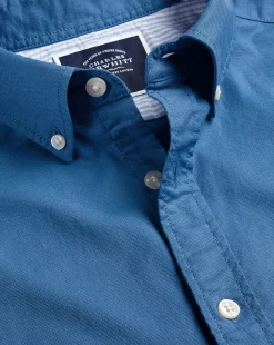 Online Charles Tyrwhitt Button-Down Collar Washed Oxford Short Sleeve Shirt - Ocean Blue