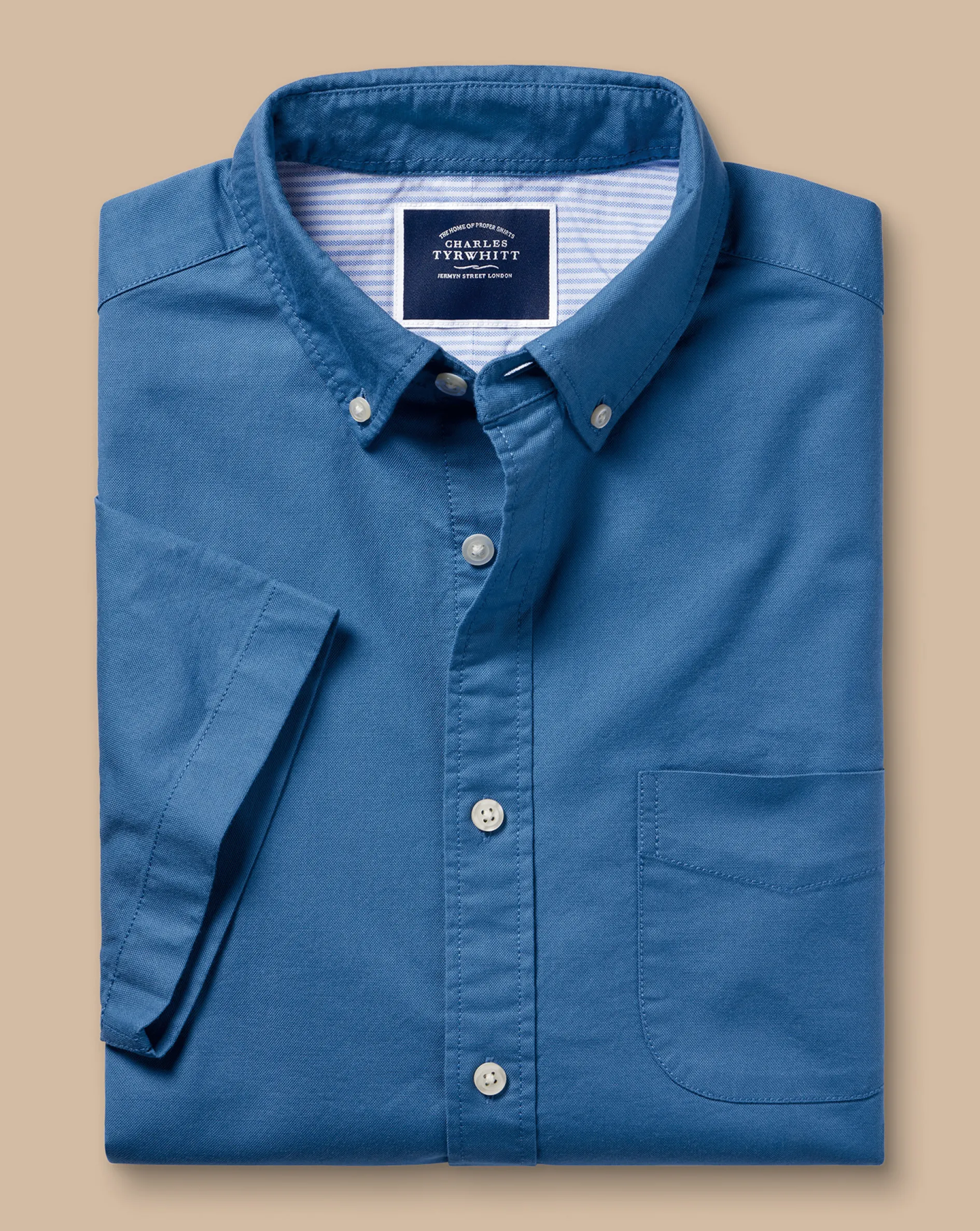 Online Charles Tyrwhitt Button-Down Collar Washed Oxford Short Sleeve Shirt - Ocean Blue