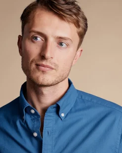 Online Charles Tyrwhitt Button-Down Collar Washed Oxford Short Sleeve Shirt - Ocean Blue