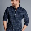Shop Charles Tyrwhitt Button-Down Collar Washed Oxford Check Shirt - Indigo Blue