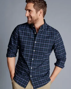 Shop Charles Tyrwhitt Button-Down Collar Washed Oxford Check Shirt - Indigo Blue