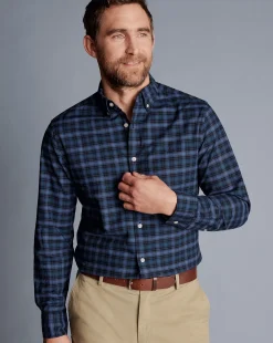Shop Charles Tyrwhitt Button-Down Collar Washed Oxford Check Shirt - Indigo Blue