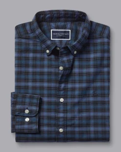 Shop Charles Tyrwhitt Button-Down Collar Washed Oxford Check Shirt - Indigo Blue