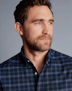 Shop Charles Tyrwhitt Button-Down Collar Washed Oxford Check Shirt - Indigo Blue
