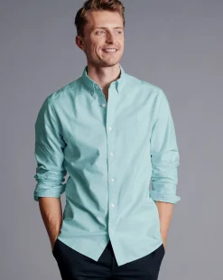 Store Charles Tyrwhitt Button-Down Collar Washed Oxford Shirt - Green Aqua