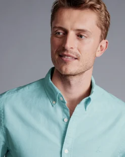 Store Charles Tyrwhitt Button-Down Collar Washed Oxford Shirt - Green Aqua