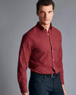 Best Charles Tyrwhitt Button-Down Collar Washed Oxford Shirt - Maroon Red