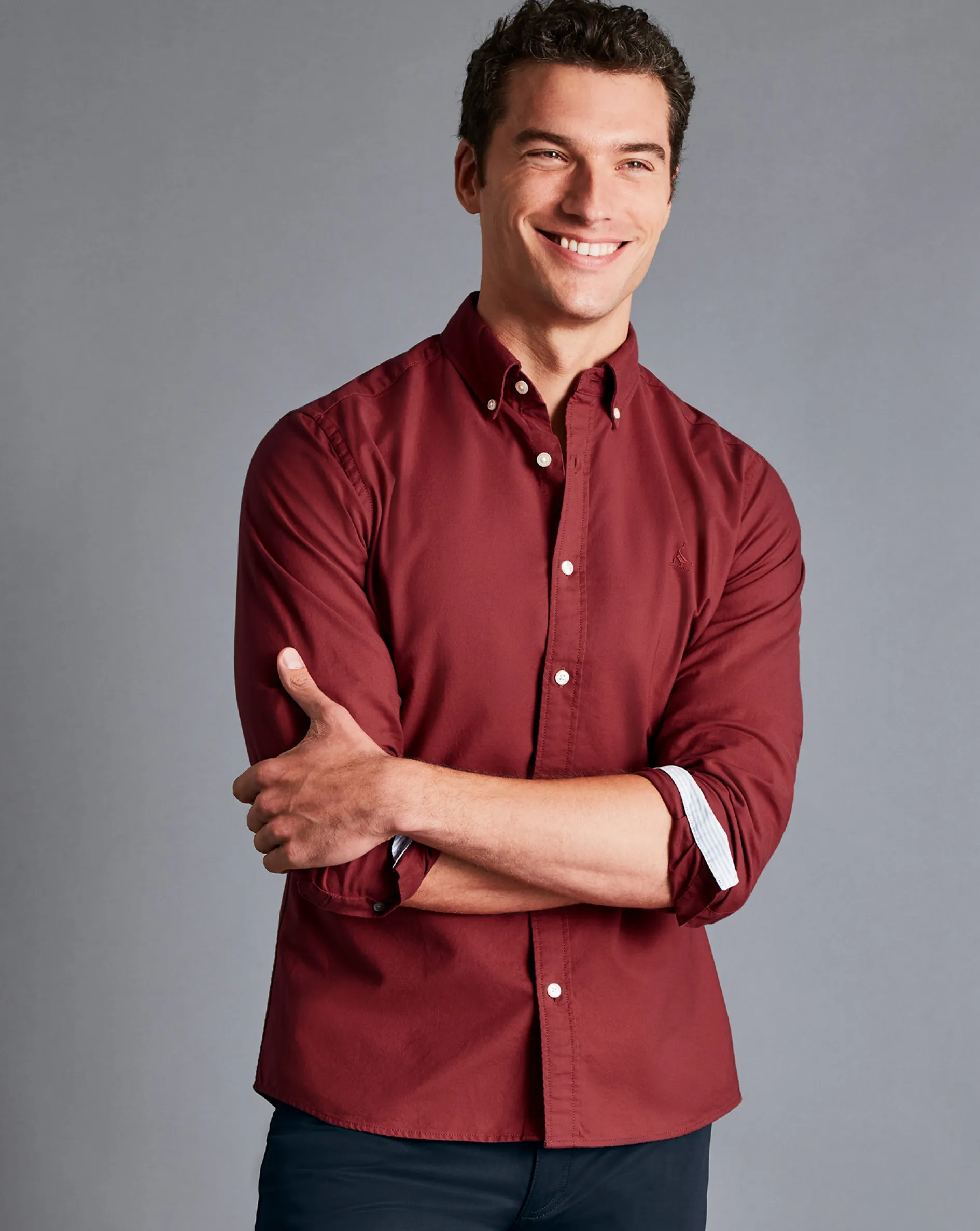 Best Charles Tyrwhitt Button-Down Collar Washed Oxford Shirt - Maroon Red